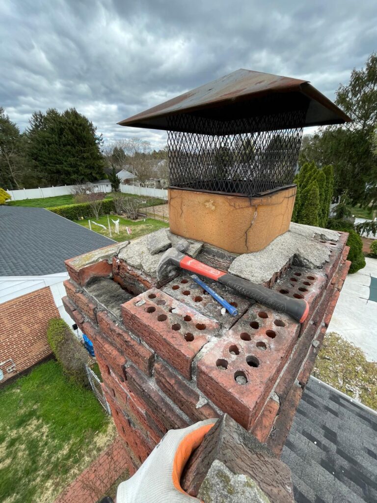 a chimney crown thats havily damaged being serviced and repaired by a chimney sweep